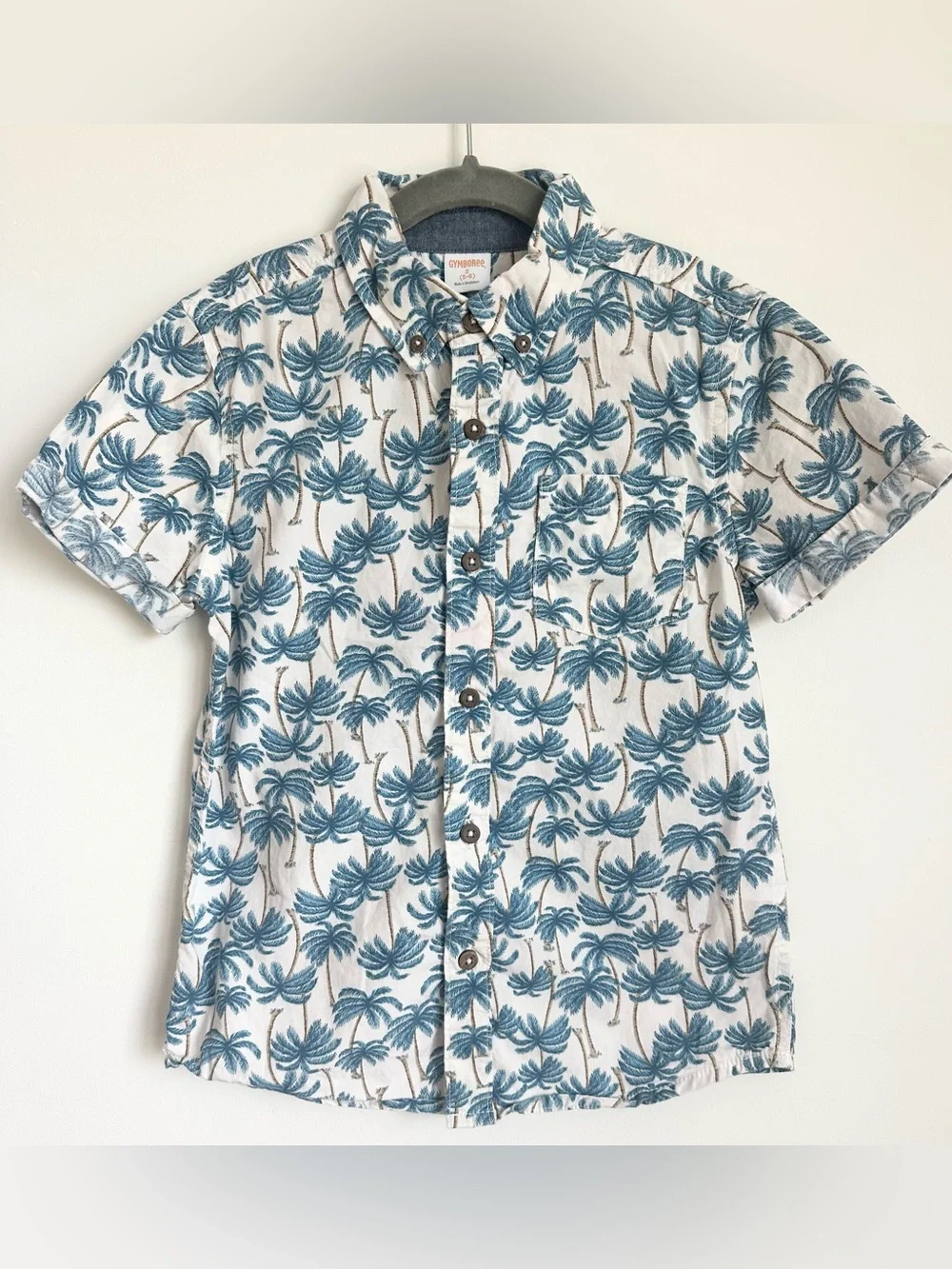 GYMBOREE Boys Blue Palm Print Short Sleeve Button Up Shirt Size S 5-6 Years